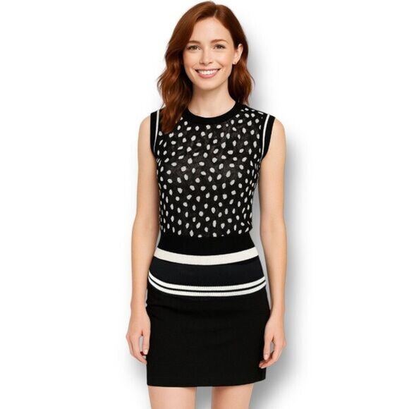 Bar III Black White Polka Dot Sheer Stretch Knit Top Preppy Career Size Small - Picture 1 of 14